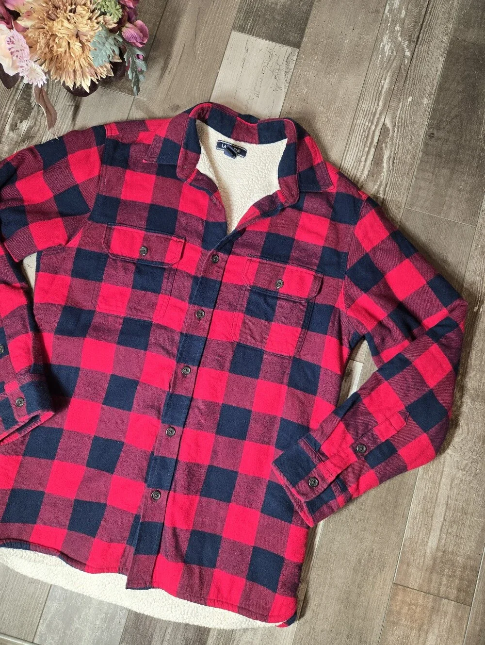 Lands’ End Red & Navy Buffalo Plaid Sherpa-Lined Shacket Men's Size Small